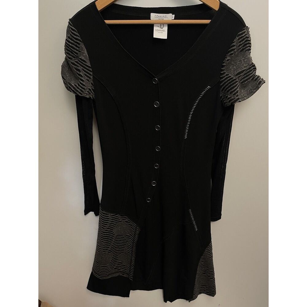 Dzhavael Couture Dress Women Small Black Asymmetrical Grey Buttons Patch L
